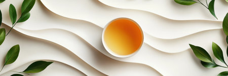 A serene tea cup sits amidst wavy paper textures and lush green leaves, conveying a peaceful ambiance perfect for relaxation.の素材