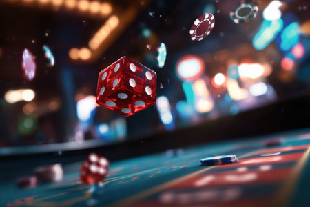 The red dice fly above a craps table in a lively casino, surrounded by an array of colorful poker chips scattered across the felt.の素材