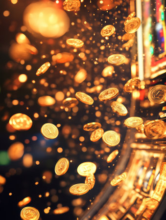 Golden coins spill out of a slot machine, filling the air with excitement and a sense of wealth in a vibrant casino environment.の素材