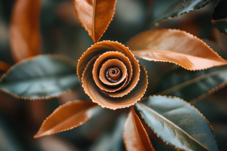 Delicate tea leaves spiral beautifully, capturing the essence of nature in a tranquil garden under bright sunlight.の素材