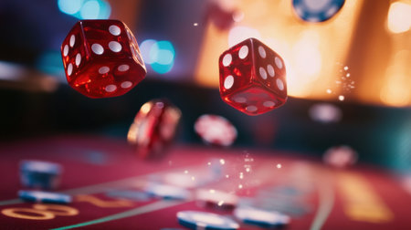 Flying red dice dance above a craps table, surrounded by colorful chips in a bustling casino filled with excitement.の素材