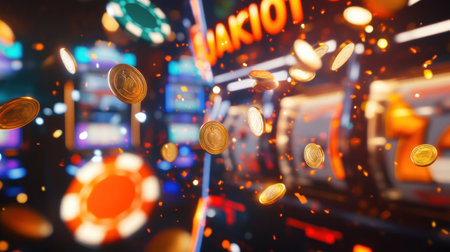 Coins and vibrant poker chips cascade through the air as a slot machine lights up, signaling a big jackpot win in the casino.の素材