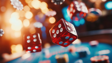 Flying red dice glide through the air above a craps table, surrounded by colorful chips during a lively gaming session.の素材