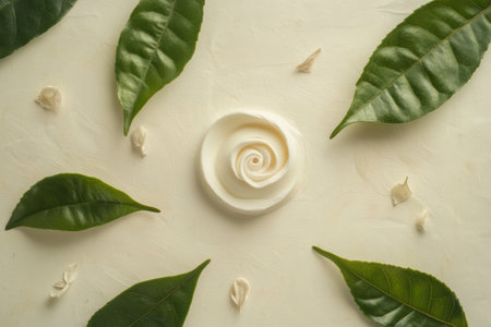 Tea leaves spiral gracefully around a soft white centerpiece, surrounded by delicate petals, creating a serene and peaceful composition.の素材