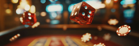 Red dice are airborne above a craps table, surrounded by various casino chips, capturing a moment of thrill and luck.の素材