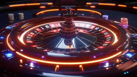 The roulette table features brightly lit numbers and vibrant chips, creating an exciting atmosphere in a busy casino during the night.の素材