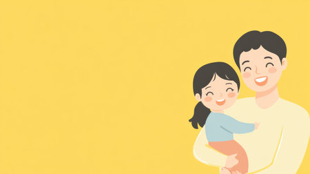 A happy family stands together, with the parents smiling broadly while holding their joyful child in front of a bright yellow backdrop.の素材