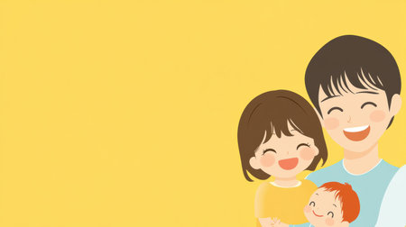 A joyful family portrait features a smiling mom, dad, and their child against a bright yellow background, radiating happiness and love.の素材
