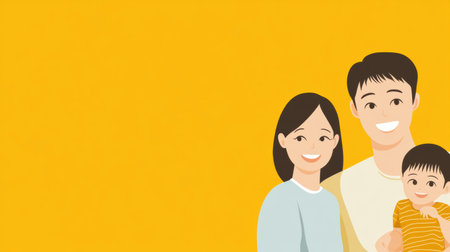 A happy family of three stands together, smiling brightly against a cheerful yellow background, radiating warmth and love.の素材