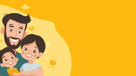 A cheerful family of three smiles brightly together, expressing love and connection against a simple, vibrant yellow backdrop.の素材