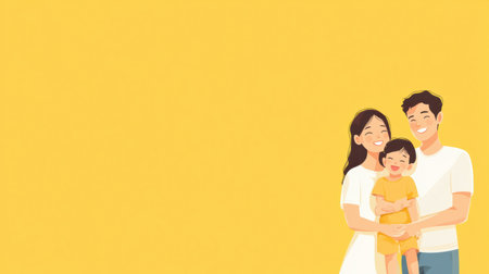 A joyful mother and father hold their smiling child, radiating happiness against a bright yellow backdrop with ample space for additional content.の素材