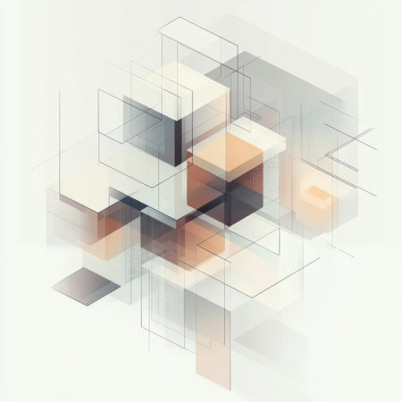 An arrangement of multiple cubes in different sizes and shades, interconnected by diagonal lines on a soft, light background.の素材