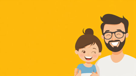 A happy mommy, daddy, and their child smile together, conveying warmth and unity against a cheerful yellow backdrop.の素材
