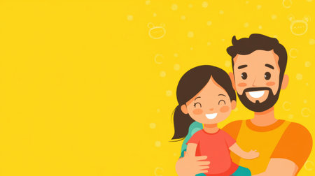 A joyful daddy proudly holds his smiling child in a warm embrace on a bright yellow background, showcasing family love and happiness.の素材