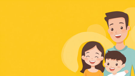 A joyful family of three, consisting of a mom, dad, and their kid, smiling happily against a vibrant yellow backdrop, radiating warmth and love.の素材