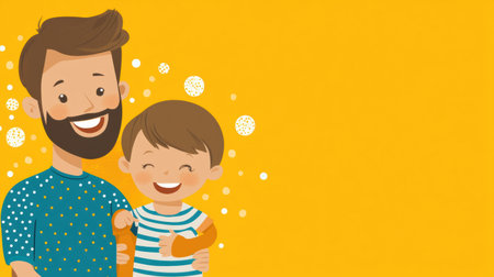 A joyful family moment with a smiling father and son standing together, surrounded by a bright yellow backdrop and playful atmosphere.の素材