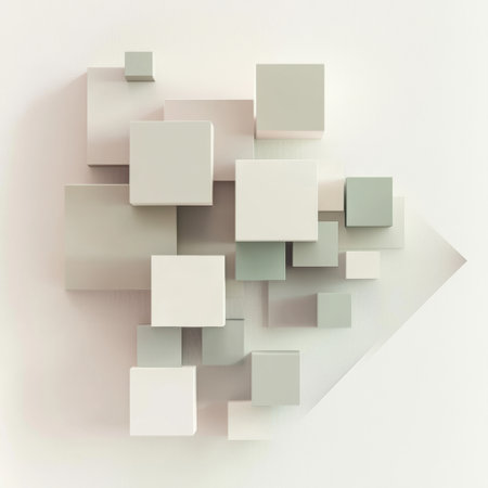 A collection of cubes in different sizes and shades, interconnected by diagonal lines, presenting a contemporary artistic composition.の素材
