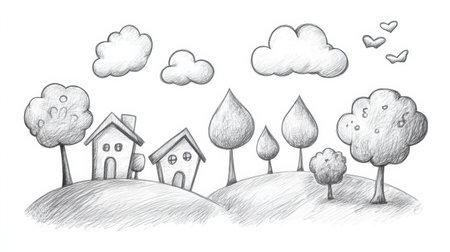 A whimsical doodle featuring clouds, trees, and cozy houses located on gentle hills, capturing a playful artistic essence.の素材
