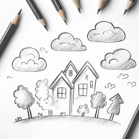 Hand-drawn doodles of whimsical clouds, trees, and houses create a charming landscape filled with creativity and imagination.の素材