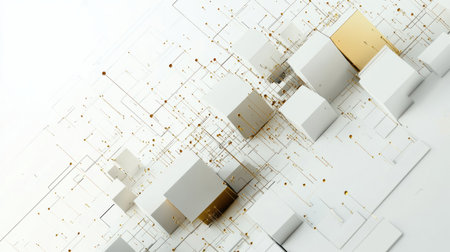 Cubes of different sizes and shades are interconnected by diagonal lines, creating a visually intriguing pattern on a bright background.の素材