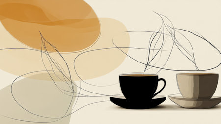 The artwork features flowing lines that echo the shapes of tea leaves and cups, creating a tranquil atmosphere in warm hues.の素材