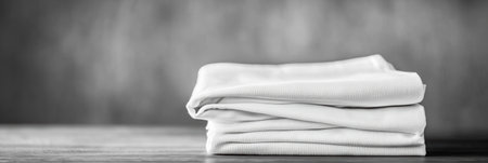 Soft, minimalist sportswear is neatly arranged on a smooth table, showing a clean and organized aesthetic for an active lifestyle.の素材