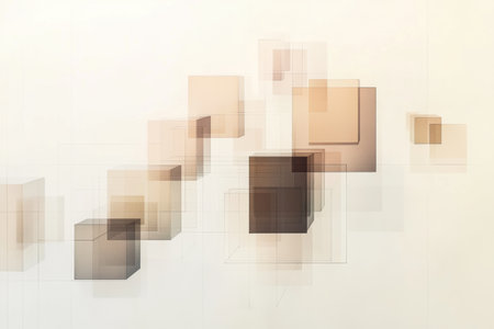 Cubes of different sizes and shades are interconnected by diagonal lines, creating an abstract design on a soft, light background.の素材