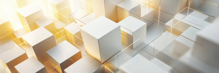 Multiple cubes of different sizes and shades are interconnected by diagonal lines, forming a captivating abstract composition on a light backdrop.の素材