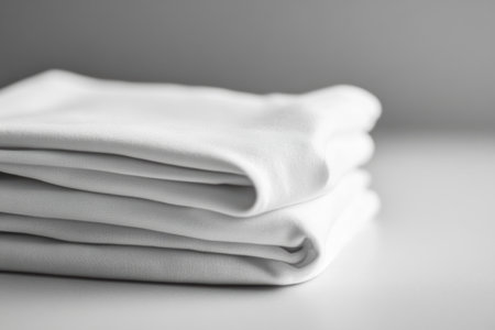 Soft, minimalist sportswear is meticulously folded and arranged on a smooth, light-colored table in a calm environment.の素材