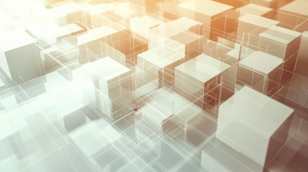 Cubes of different sizes and shades are connected by diagonal lines on a light surface, forming a visually engaging abstract design.の素材