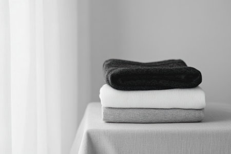 Soft, minimal sportswear is arranged in neat folds on a smooth table, emphasizing a calm and organized aesthetic in a well-lit room.の素材