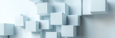 Multiple cubes in various sizes and shades are interlinked by diagonal lines against a light backdrop, emphasizing depth and structure.の素材