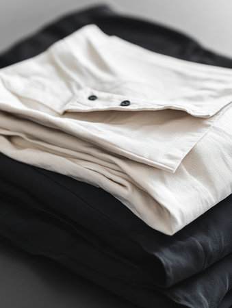 Neatly arranged minimalist sportswear on a sleek table, perfect for those embracing an active and organized lifestyle.の素材