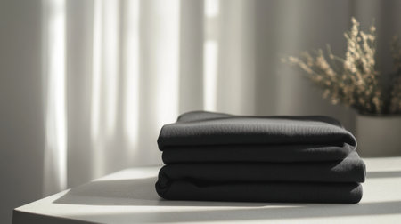Minimalist sportswear is gracefully arranged on a smooth table, illuminated by gentle natural light.の素材