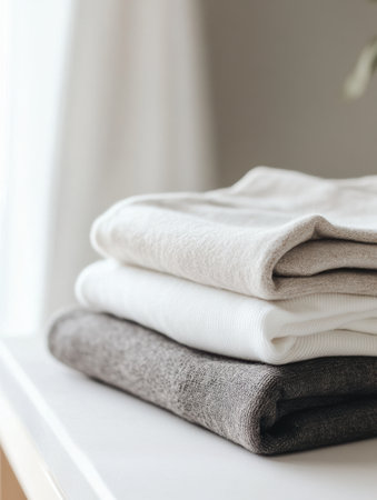 Three pieces of minimalist sportswear are folded and arranged neatly on a smooth table in a bright, airy setting, showcasing simplicity.の素材