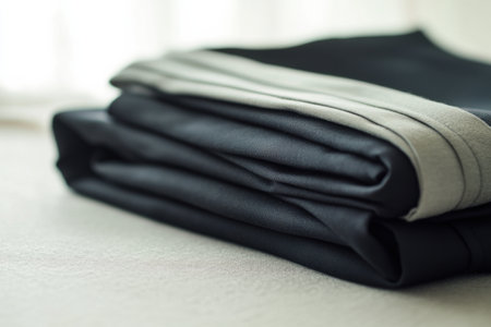 Folded minimalist sportswear displayed on a table, highlighting a stylish look suitable for athletic activities and daily wear.の素材