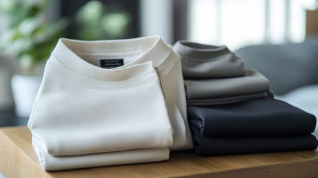 Minimalist sportswear in soft hues is neatly arranged on a smooth table, ideal for anyone embracing an organized lifestyle.の素材