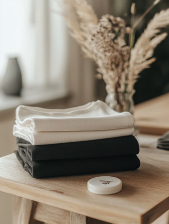 The minimalist sportswear is folded on a smooth table, reflecting a calm atmosphere complemented by natural decor elements nearby.の素材