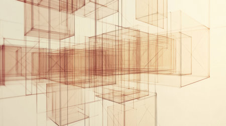 Cubes of different sizes and shades are interconnected by diagonal lines against a soft light backdrop, creating an abstract layout.の素材