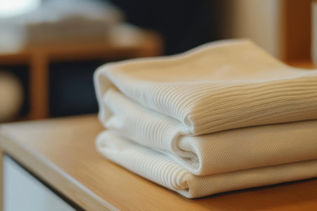 The minimalist sportswear is arranged neatly on a smooth table, showing an organized and modern aesthetic for active lifestyles.の素材