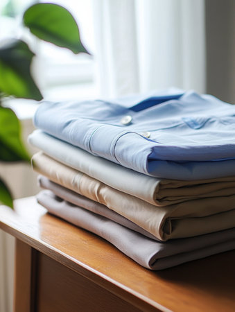A collection of neatly folded minimalist sportswear sits on a smooth wooden table, surrounded by soft natural light.の素材