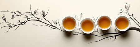 Tea cups filled with brewed tea sit alongside delicate sketches of tea leaves, creating a peaceful atmosphere.の素材