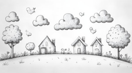 This artwork features playful pencil sketches of houses, trees, and clouds in a whimsical landscape, showing a simple, delightful style.の素材