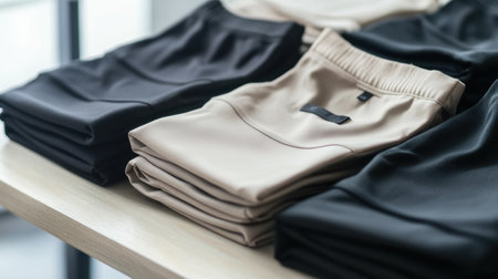 Beautifully arranged sportswear is stacked on a clean table, highlighting the simplicity and functionality of modern athletic clothing.の素材