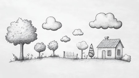 Delicate pencil sketches depict fluffy clouds, leafy trees, and a charming house in a serene natural environment.の素材
