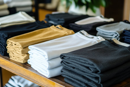 Neatly folded minimalist sportswear in various colors rests on a smooth table, showing a clean and modern aesthetic ideal for athletic activities.の素材