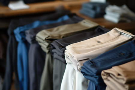 Neatly folded minimalist sportswear arranged on a smooth tabletop, perfect for an active lifestyle and fitness activities.の素材