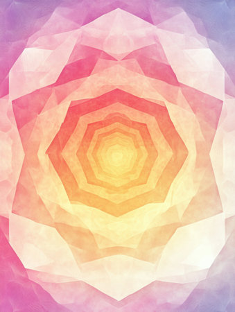 Geometric shapes form concentric hexagons, gradually diminishing in size toward a central light, creating a harmonious and calming effect.の素材