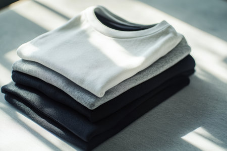 Minimalist sportswear is arranged neatly in a stack on a smooth table, illuminated by natural light streaming through a nearby window.の素材