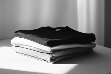 Soft colors of folded minimalist sportswear are arranged neatly on a smooth table, showcasing an organized and stylish workout setup.の素材